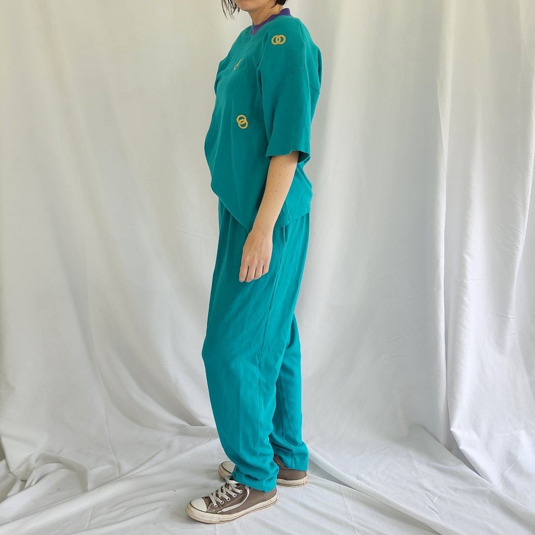 80s/90s Teal and Purple Tee and Pants Set
