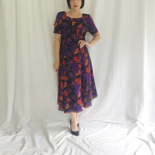90s Liz Claiborne Purple, Red, and Orange Floral Dress