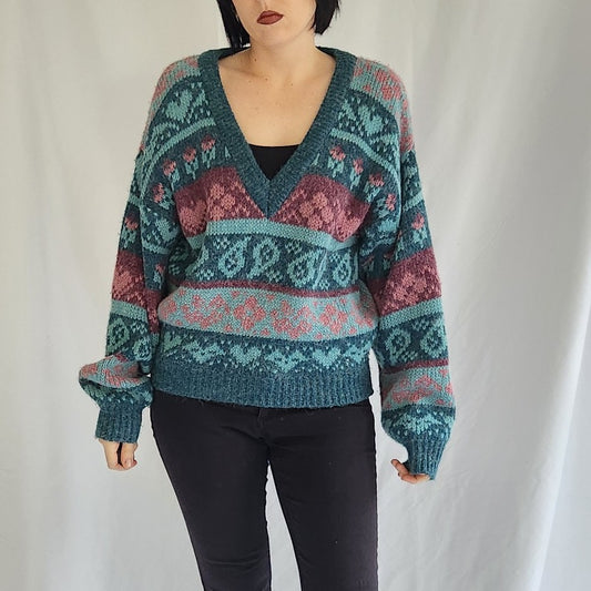 90s Teal and Mauve Oversize V Neck Sweater