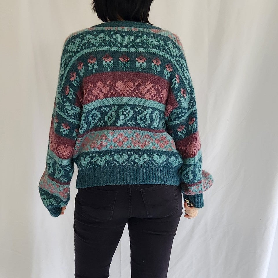 90s Teal and Mauve Oversize V Neck Sweater