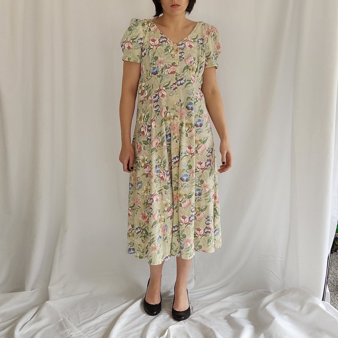 90s Tan Floral Button Down Dress