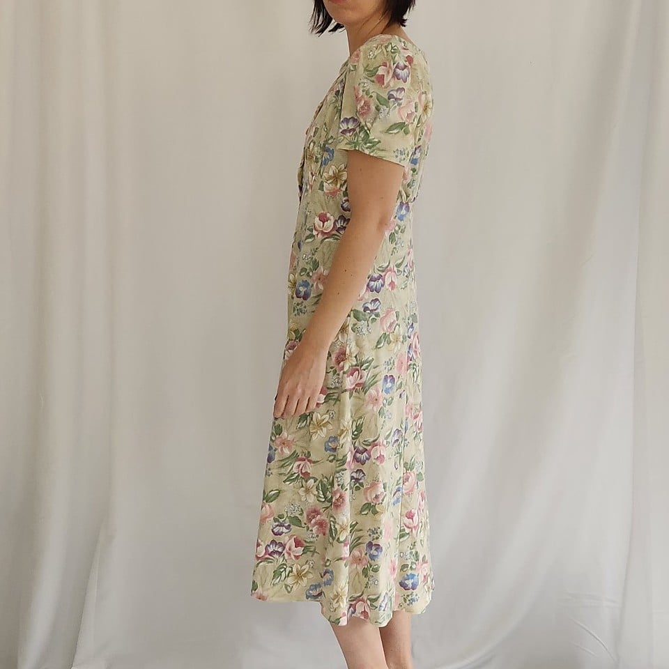 90s Tan Floral Button Down Dress