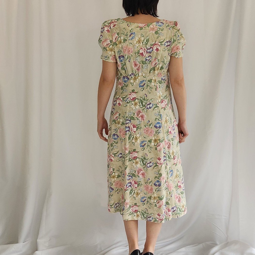 90s Tan Floral Button Down Dress