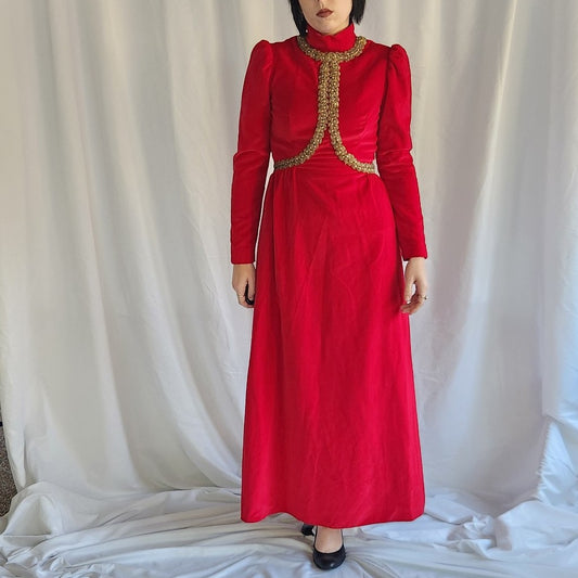 70s Hand Made Red Velvet High Neck Gown