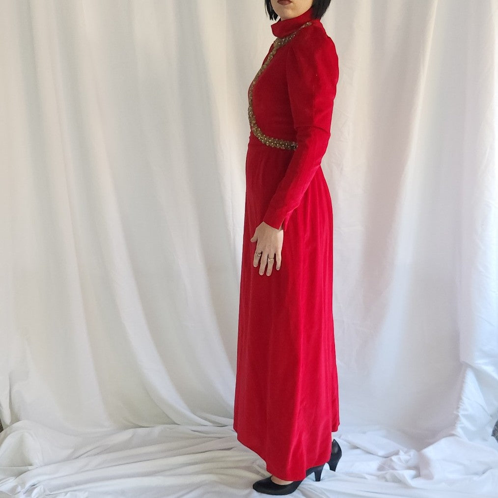 70s Hand Made Red Velvet High Neck Gown