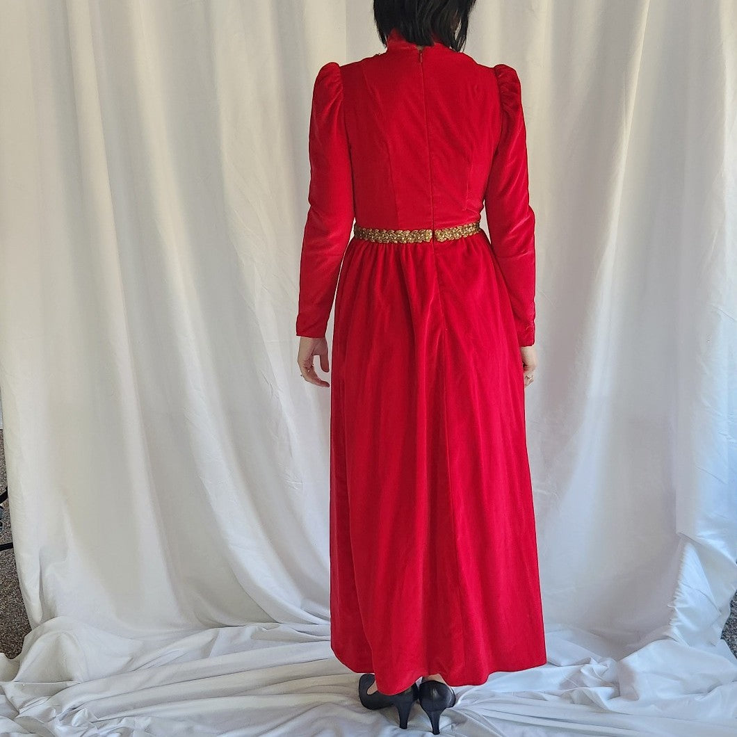 70s Hand Made Red Velvet High Neck Gown