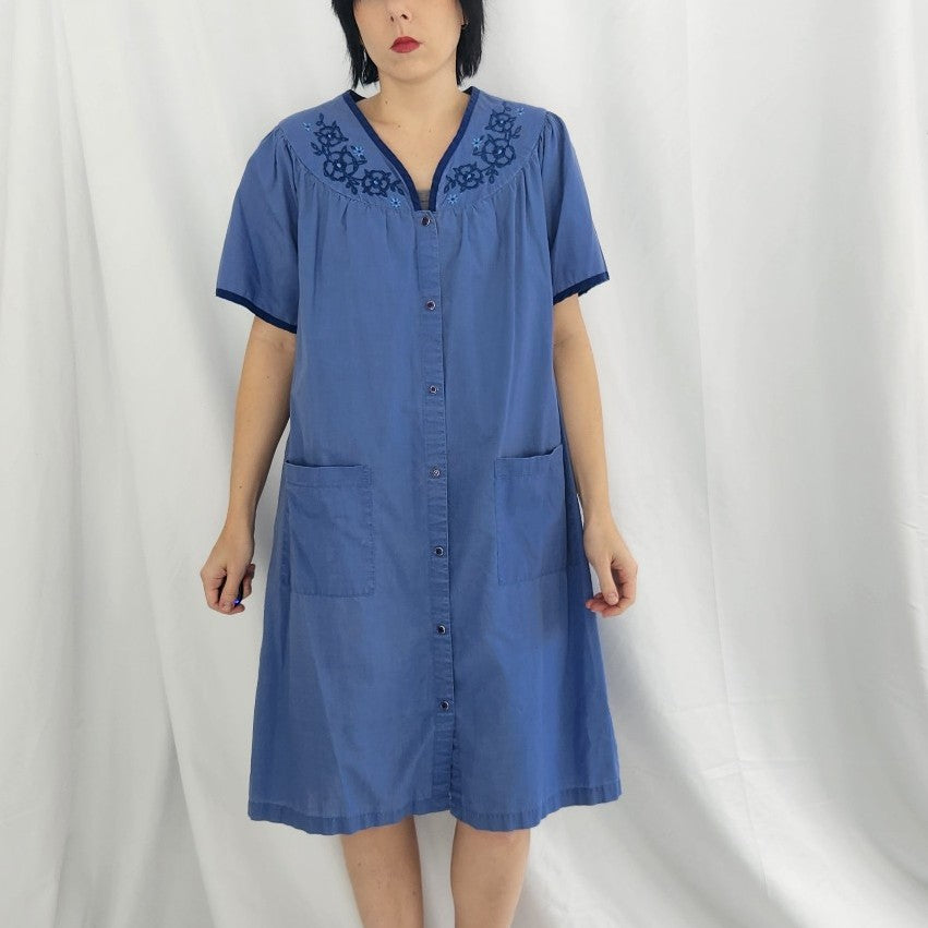 80s Blue Snap Front House Dress