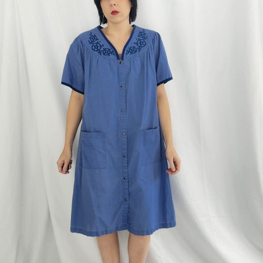 80s Blue Snap Front House Dress