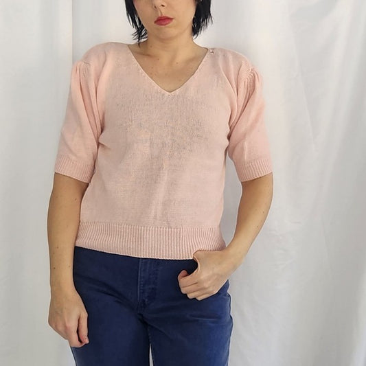 80s Pink Short Sleeve V Neck Sleeve Sweater