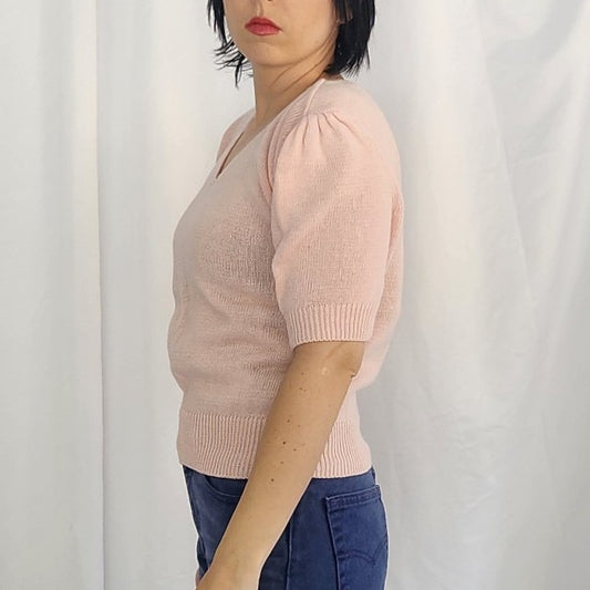 80s Pink Short Sleeve V Neck Sleeve Sweater