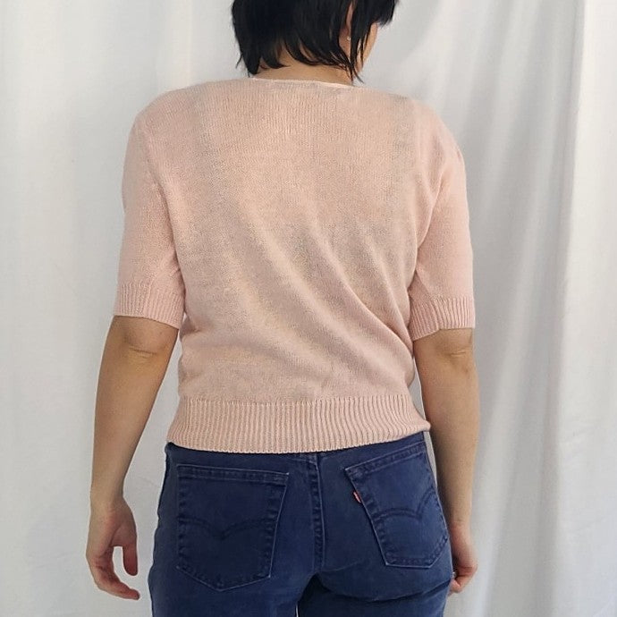 80s Pink Short Sleeve V Neck Sleeve Sweater