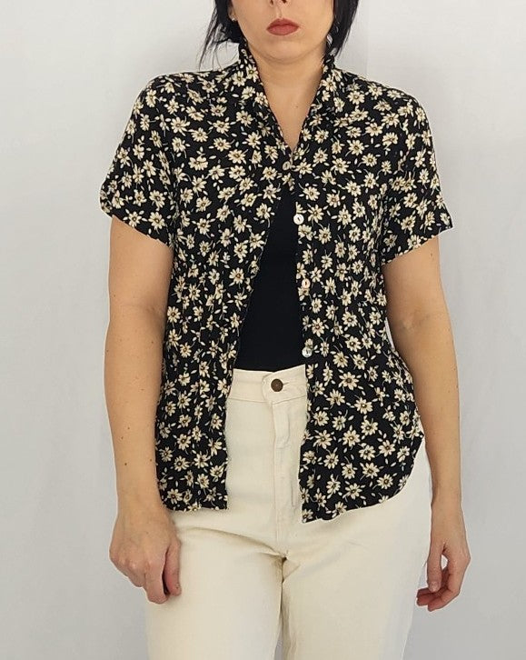 90s Black Daisy Print Button Down