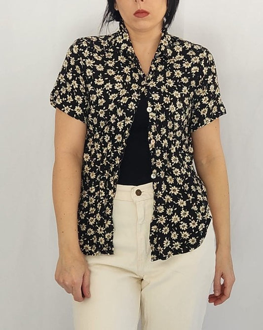 90s Black Daisy Print Button Down