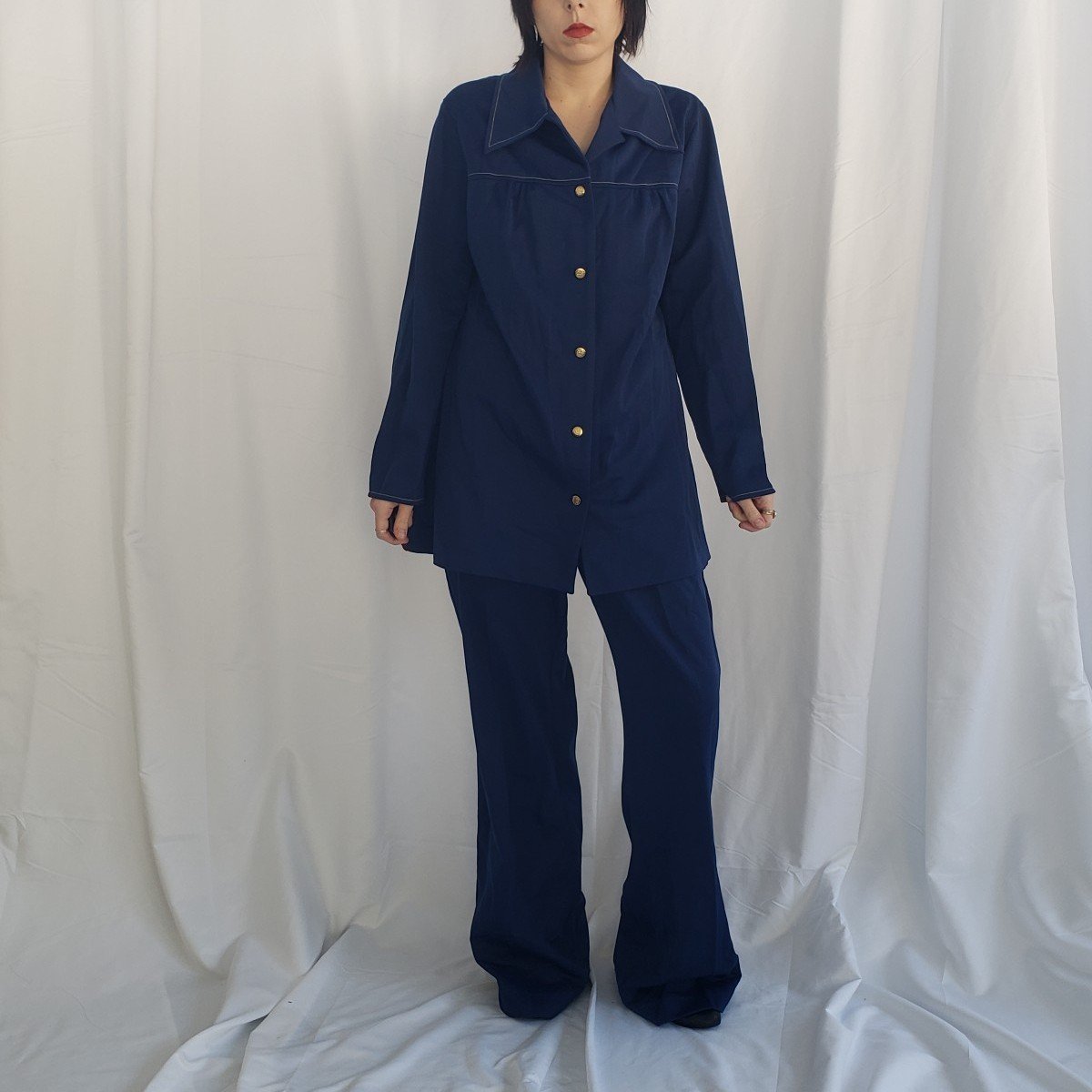 70s Blue Polyester Pants and Shirt Set