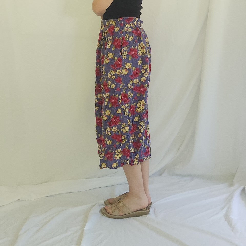 90s/Y2K Purple, Pink, and Yellow Floral Rayon Midi Skirt