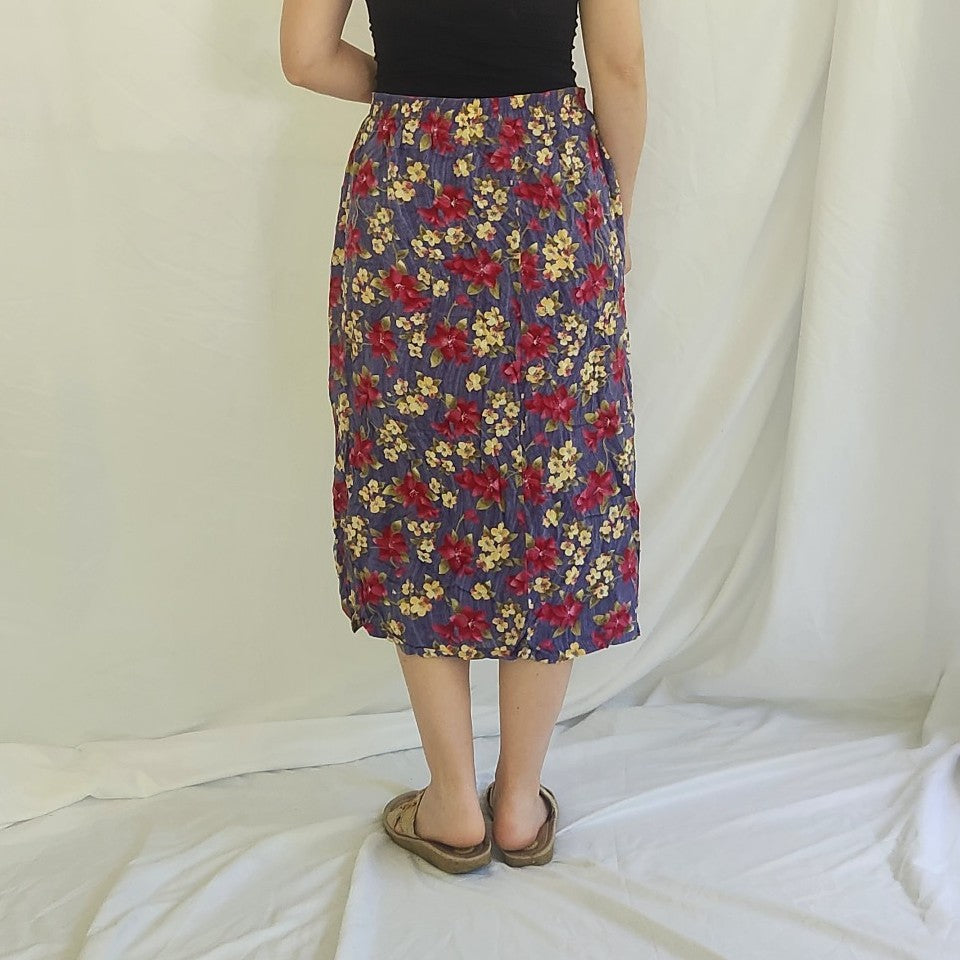90s/Y2K Purple, Pink, and Yellow Floral Rayon Midi Skirt