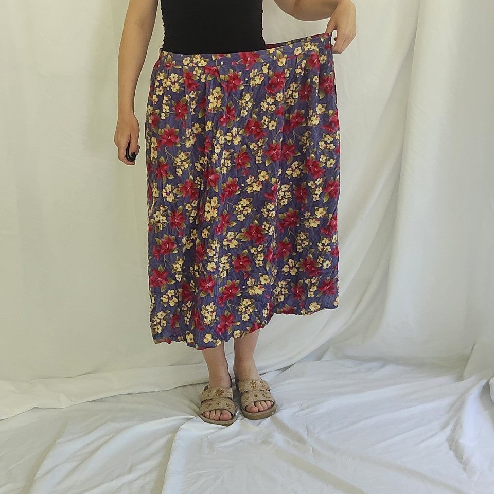 90s/Y2K Purple, Pink, and Yellow Floral Rayon Midi Skirt