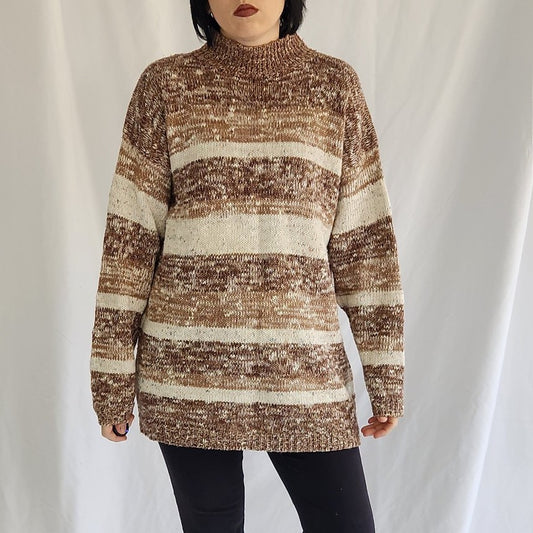 90s Cream and Brown Oversize Sweater