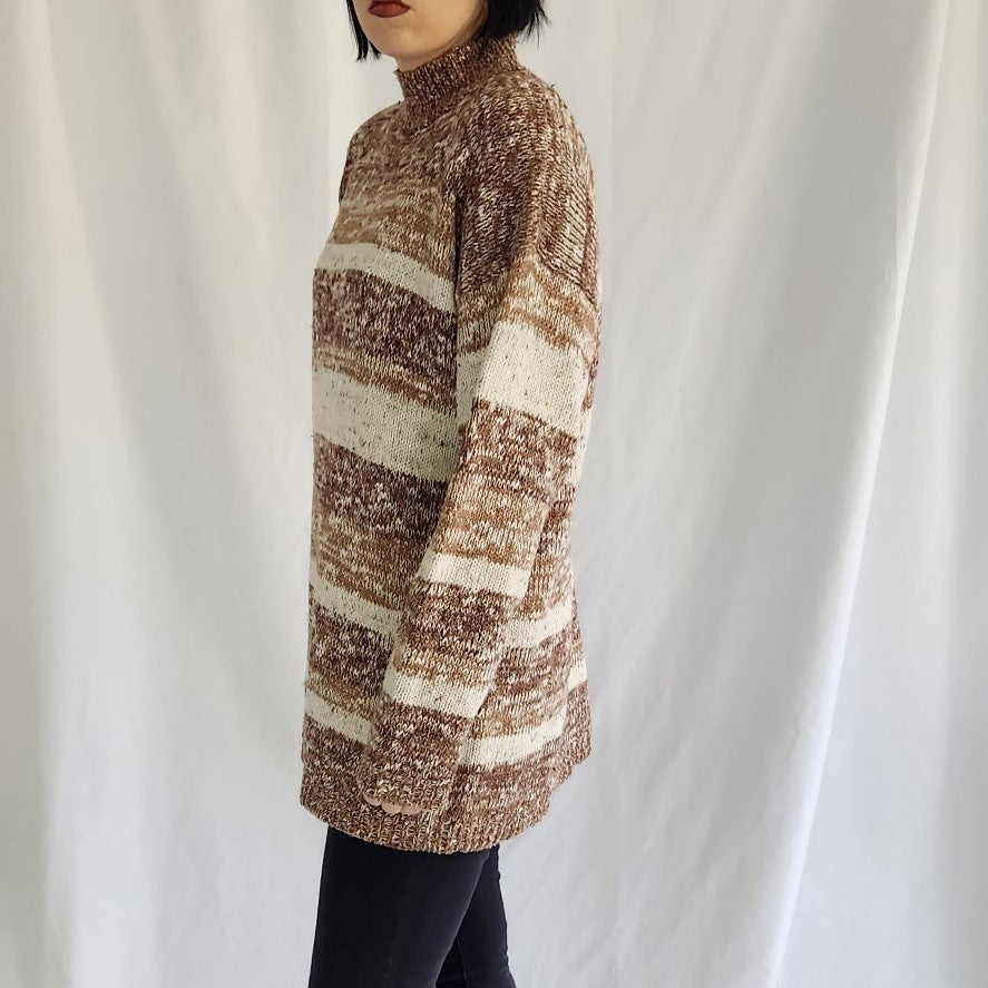 90s Cream and Brown Oversize Sweater