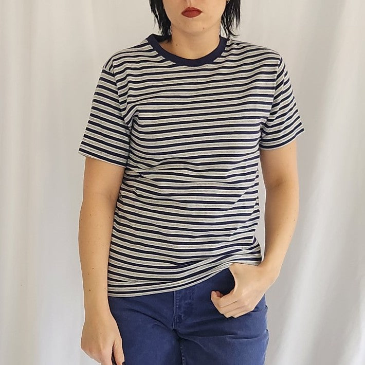 90s/00s Gray and Navy Striped 100% Cotton Tee
