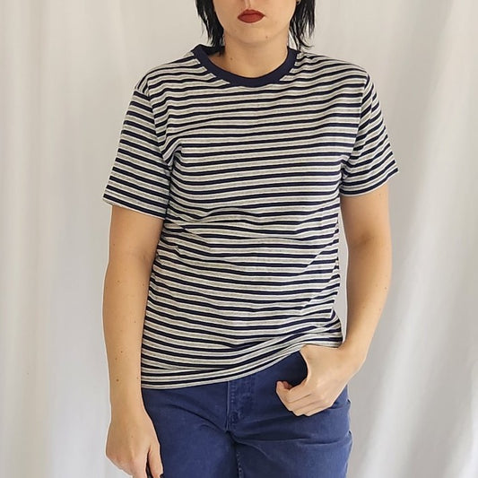 90s/00s Gray and Navy Striped 100% Cotton Tee