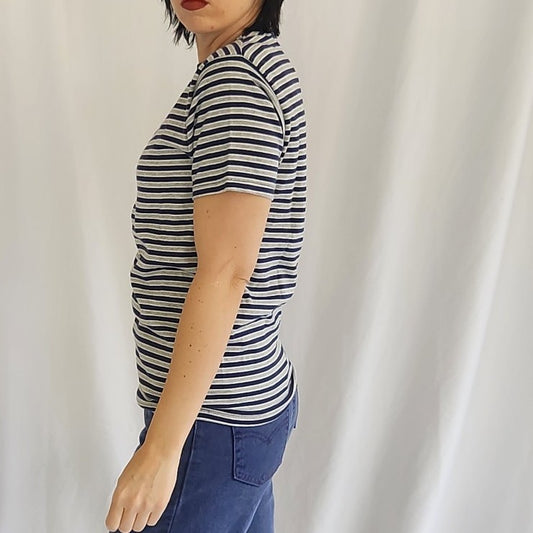 90s/00s Gray and Navy Striped 100% Cotton Tee