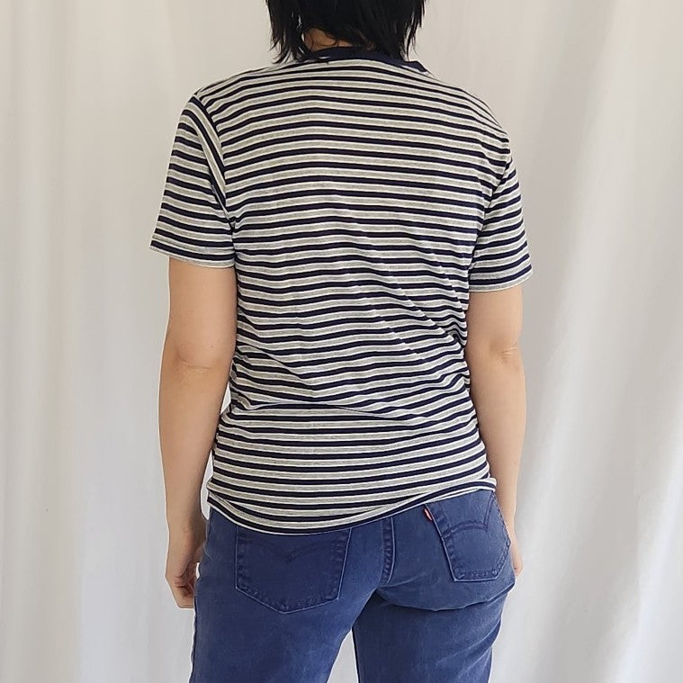 90s/00s Gray and Navy Striped 100% Cotton Tee
