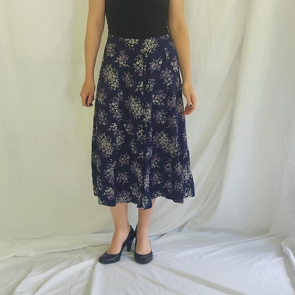 90s/Y2K Purple Floral Button Down Midi Skirt