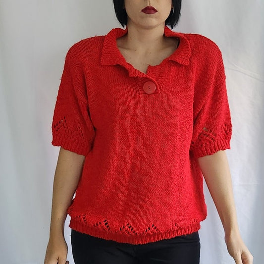 80s Red Collared Short Sleeve Sweater