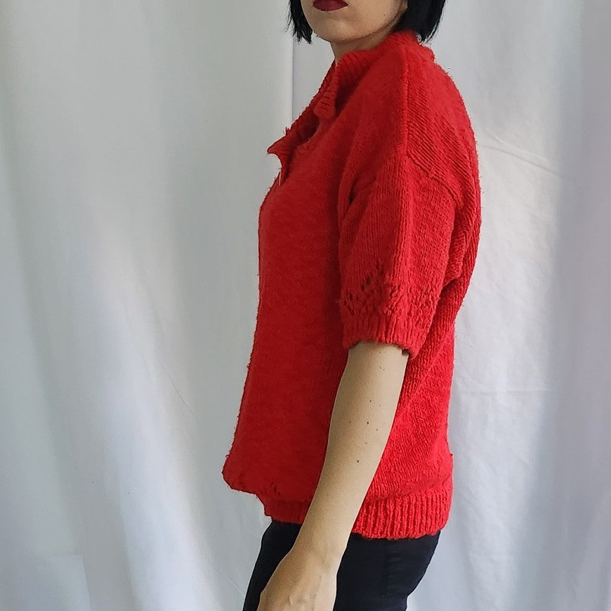 80s Red Collared Short Sleeve Sweater