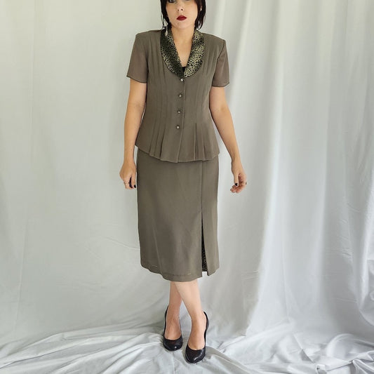 Y2K Olive Green and Leopard Print Skirt Set