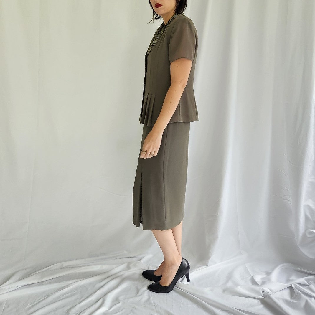 Y2K Olive Green and Leopard Print Skirt Set