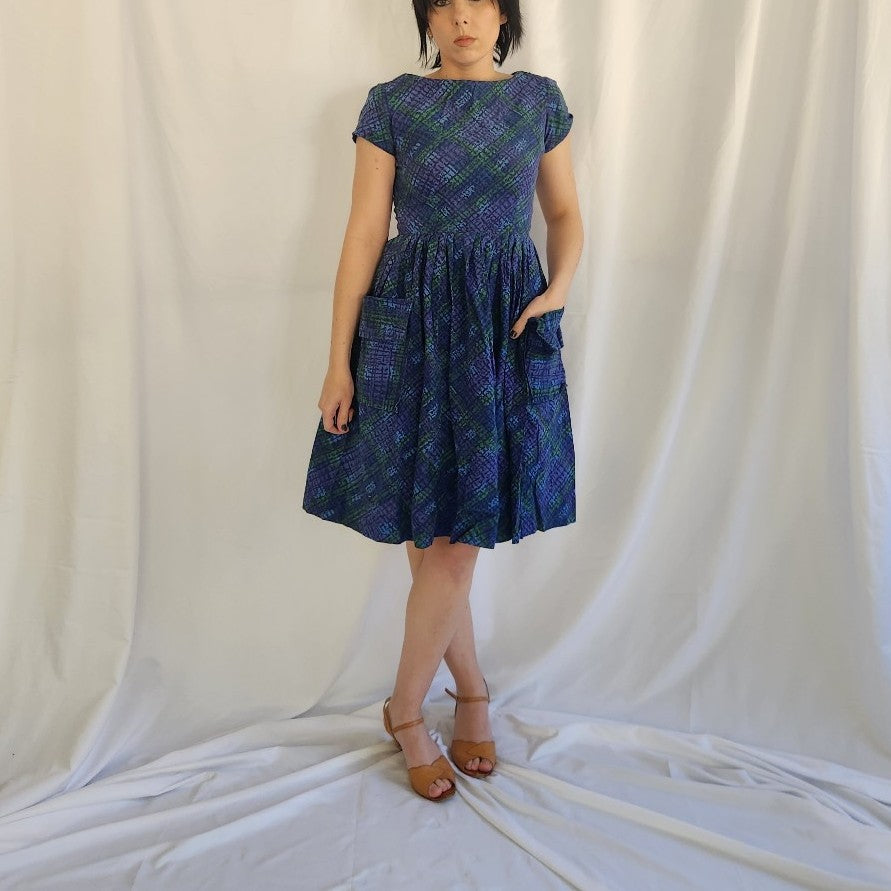 60s Blue, Purple, and Green Day Dress