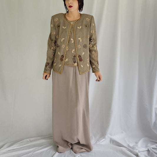 Olive and Beige Silk Beaded Skirt Set