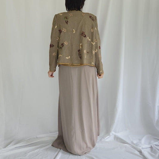 Olive and Beige Silk Beaded Skirt Set