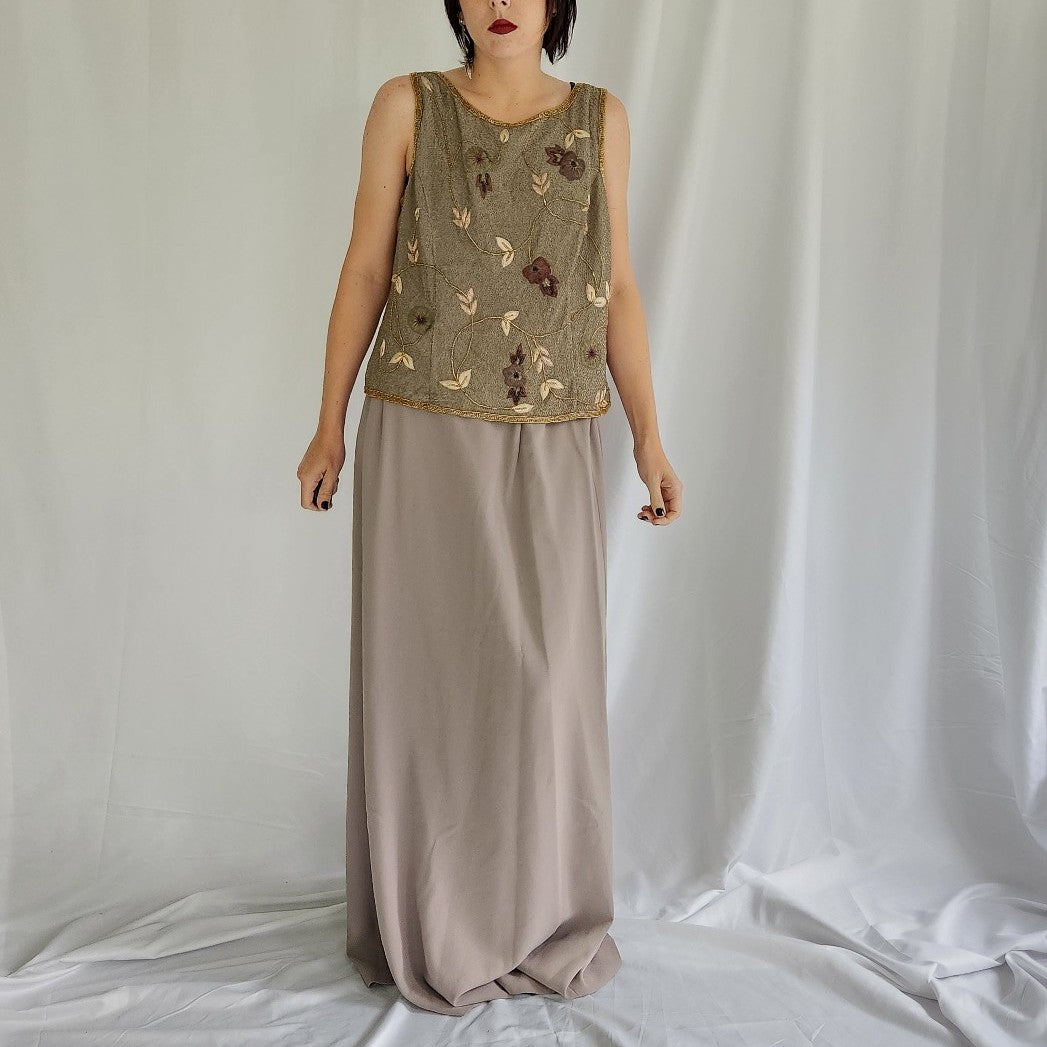 Olive and Beige Silk Beaded Skirt Set