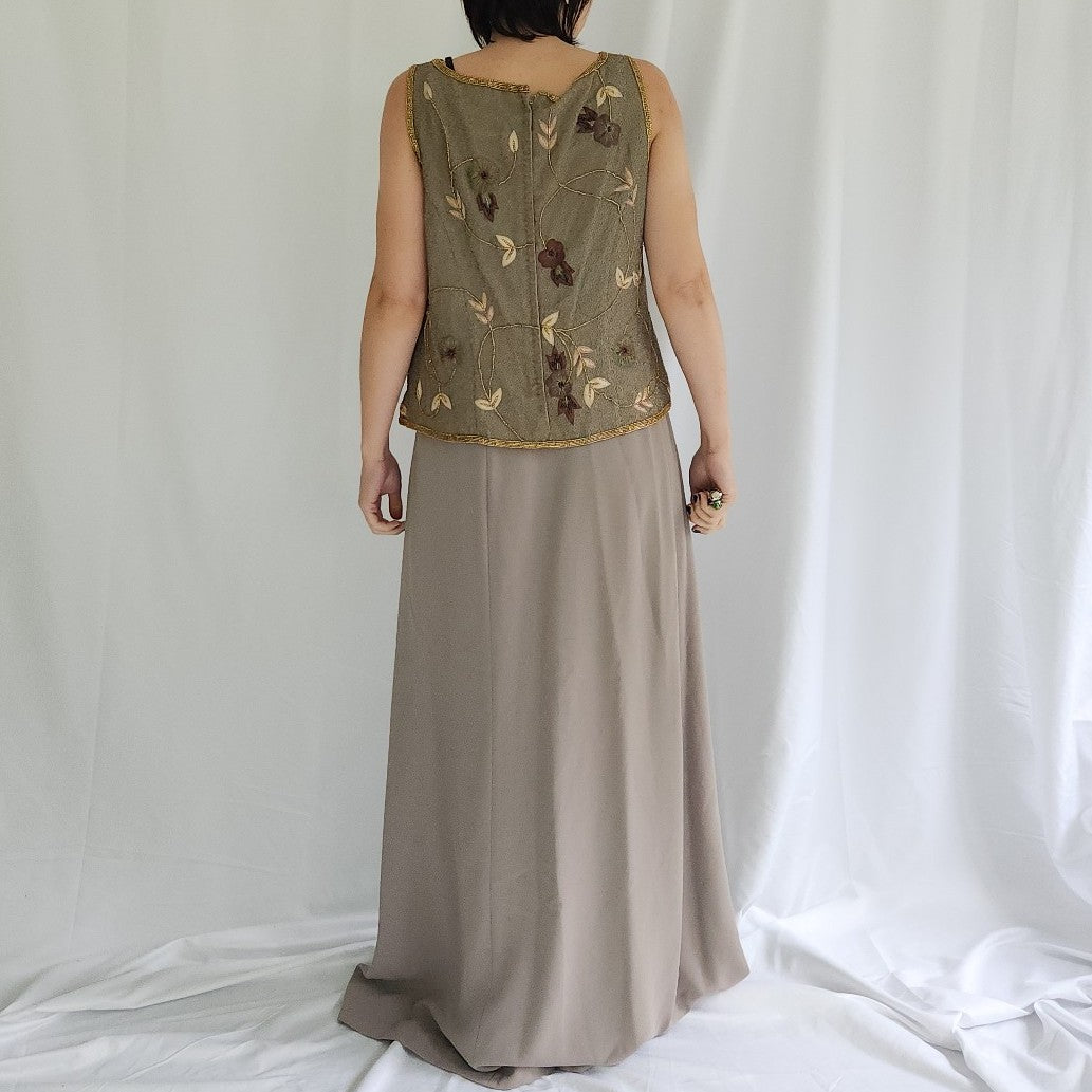 Olive and Beige Silk Beaded Skirt Set
