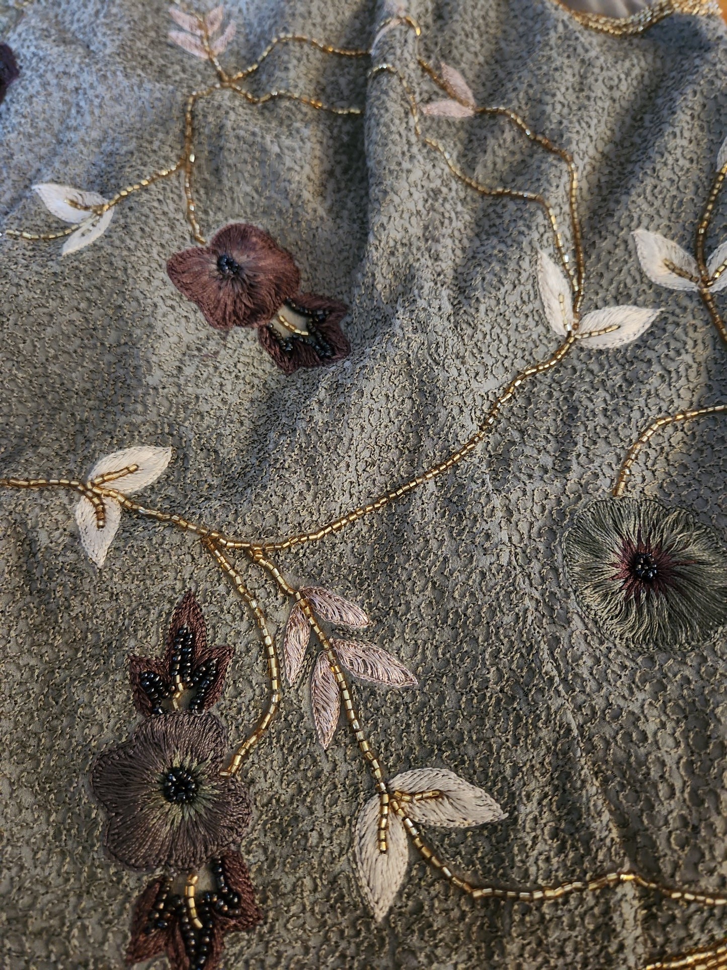 Olive and Beige Silk Beaded Skirt Set