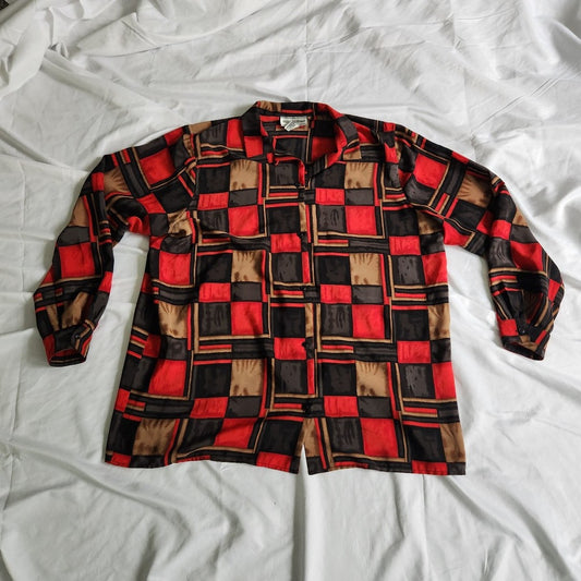 90s/00s Red, Black, and Brown Geometric Print Button Down
