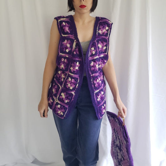 Vintage Purple Hand Made Granny Square Vest and Matching Purse