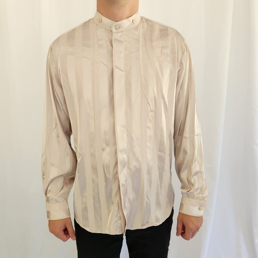 90s Beige Satin Striped Button Down Shirt