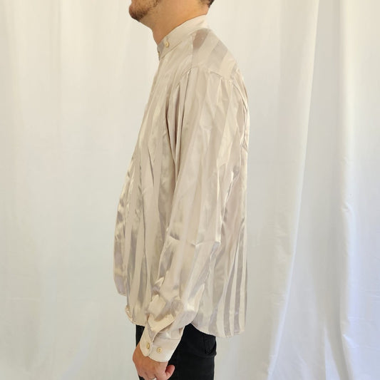 90s Beige Satin Striped Button Down Shirt