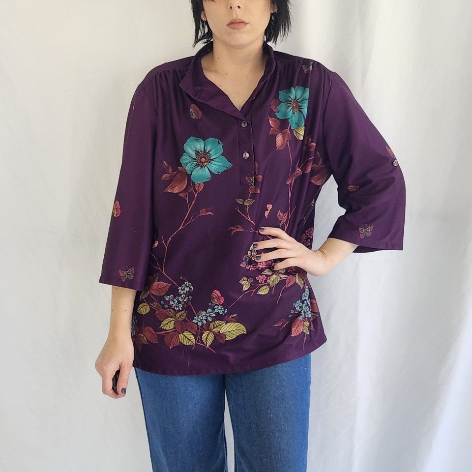 70s Purple Floral Blouse with Butterflies