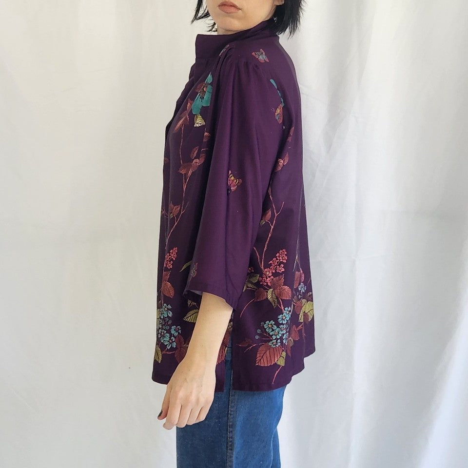 70s Purple Floral Blouse with Butterflies