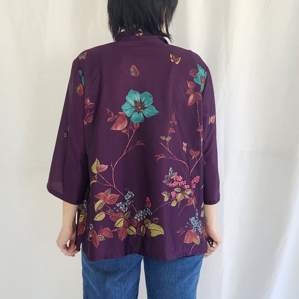 70s Purple Floral Blouse with Butterflies