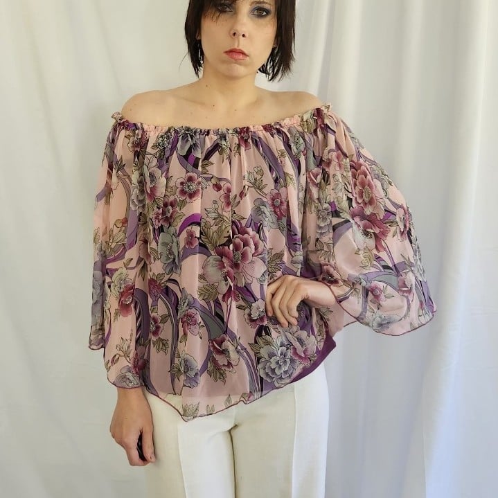 Y2K Purple Floral Off the Shoulder Top