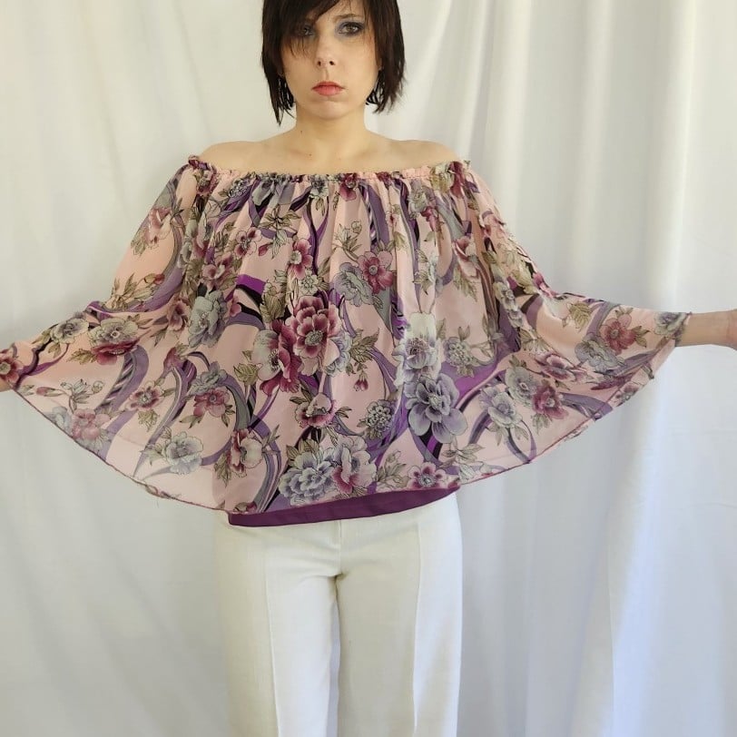 Y2K Purple Floral Off the Shoulder Top