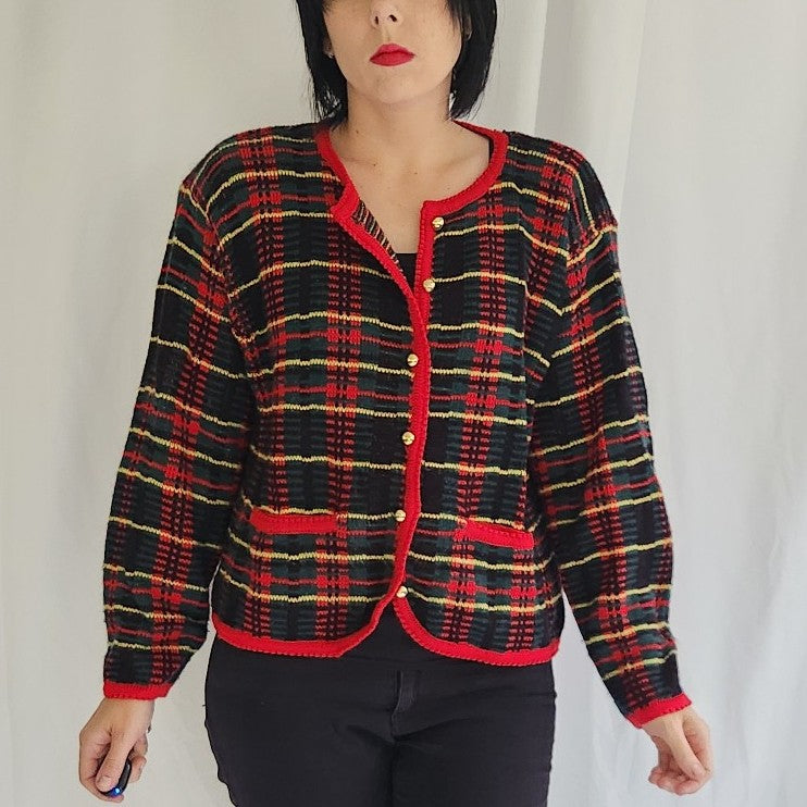 80s/90s Red, Green, and Black Plaid Cardigan