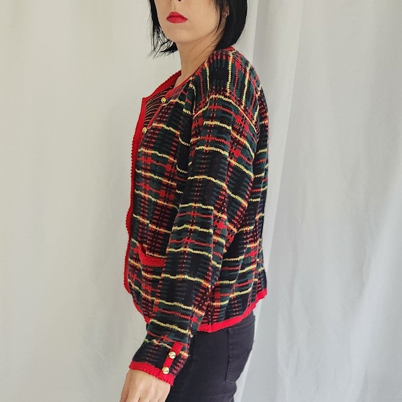 80s/90s Red, Green, and Black Plaid Cardigan