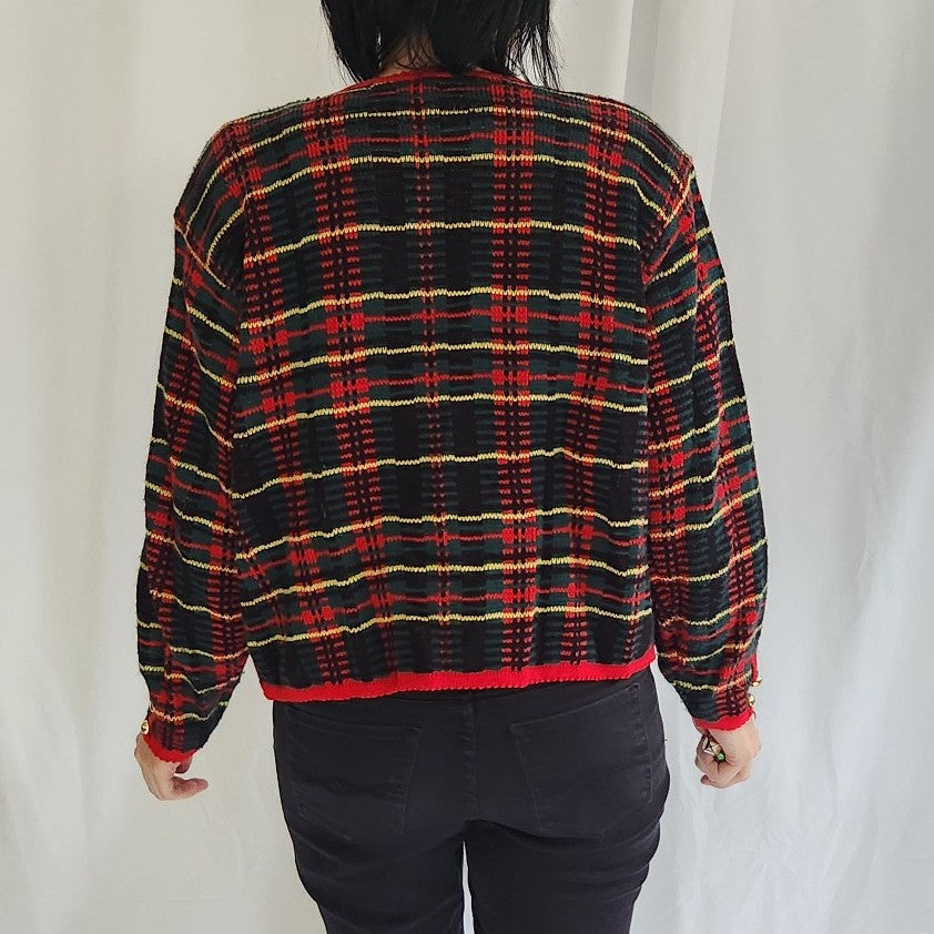 80s/90s Red, Green, and Black Plaid Cardigan